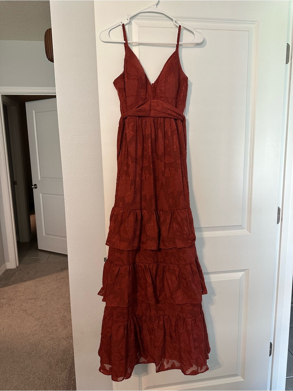 Azazie Terracotta Tiered V-Neck Maxi Dress